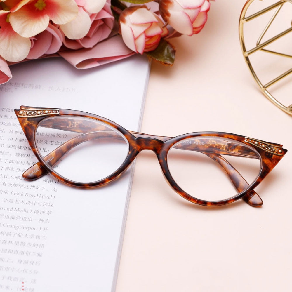 4 Pairs of Women Cat Eyes Reading Glasses Ladies Readers Spring Hinge Butterfly Trendy Plastic HD Diamond Presbyopia Glasses +2.00