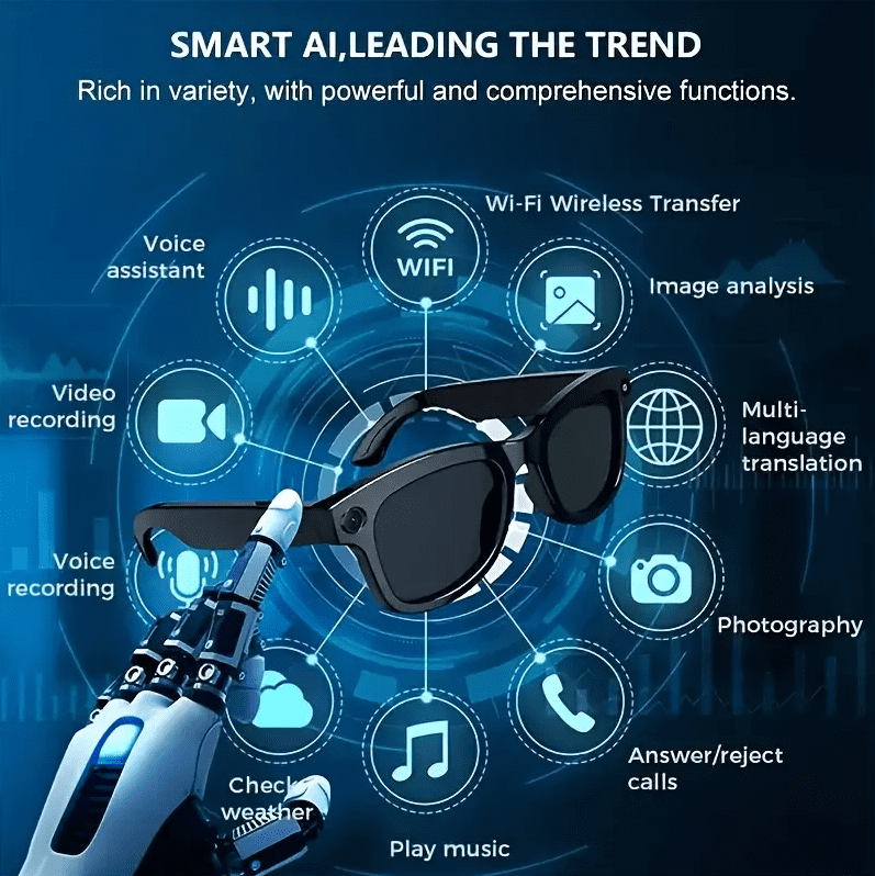Smart AI Camera Glasses with HD Video Recording, Built-in Speakers, Voice Assistant & Blue Light Protection