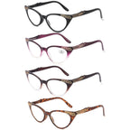 4 Pairs of Women Cat Eyes Reading Glasses Ladies Readers Spring Hinge Butterfly Trendy Plastic HD Diamond Presbyopia Glasses +2.00