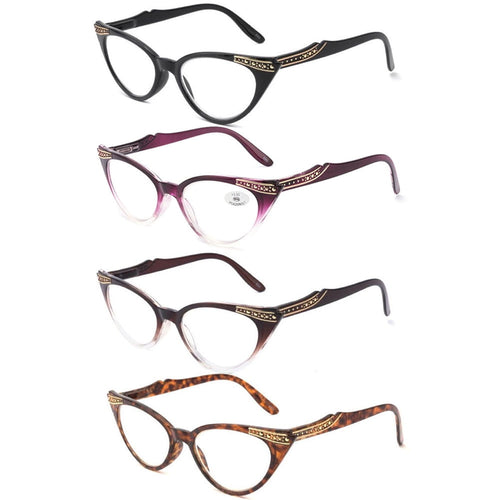 4 Pairs of Women Cat Eyes Reading Glasses Ladies Readers Spring Hinge Butterfly Trendy Plastic HD Diamond Presbyopia Glasses +2.00