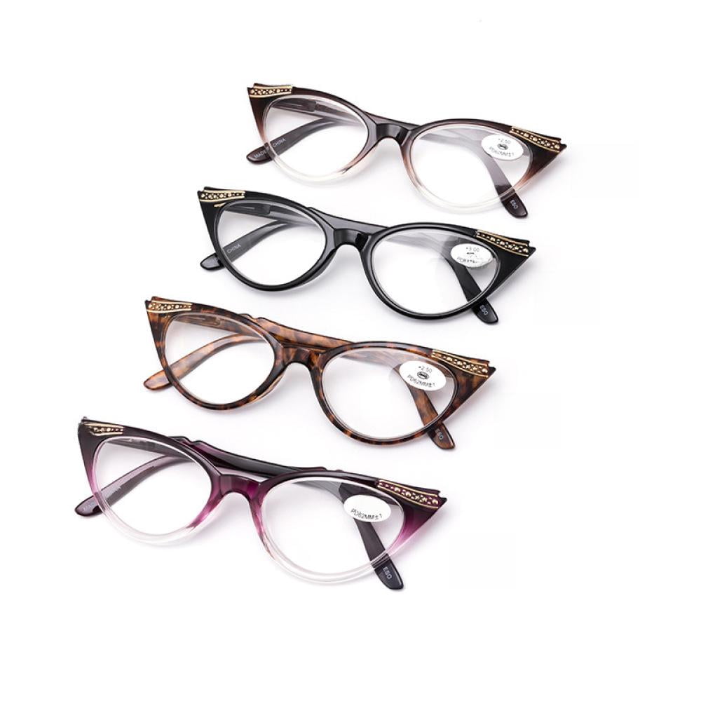 4 Pairs of Women Cat Eyes Reading Glasses Ladies Readers Spring Hinge Butterfly Trendy Plastic HD Diamond Presbyopia Glasses +2.00