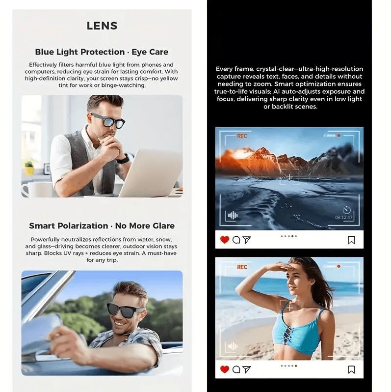Smart AI Camera Glasses with HD Video Recording, Built-in Speakers, Voice Assistant & Blue Light Protection