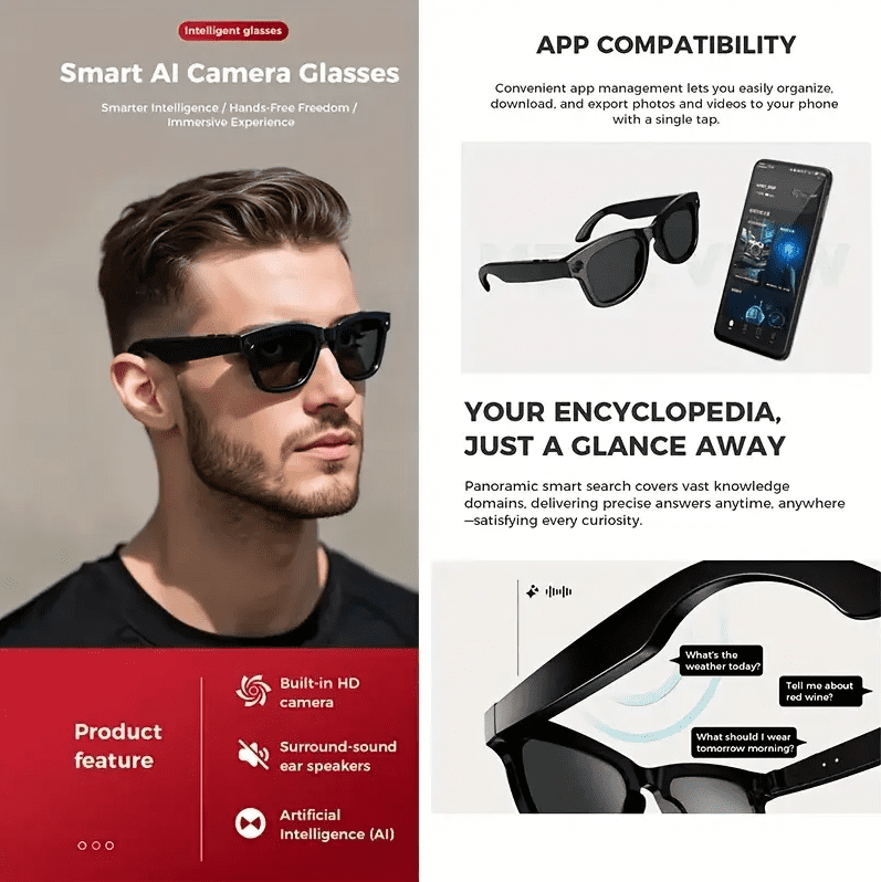 Smart AI Camera Glasses with HD Video Recording, Built-in Speakers, Voice Assistant & Blue Light Protection
