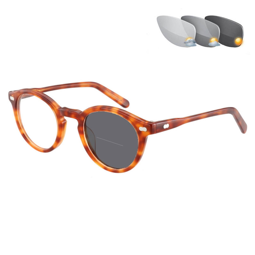 Brown Tortoiseshell Photochromic Gray Vintage Bifocal Reading Glasses 1.50 Classic Round Sunglasses Presbyopic Eyeglasses Acetate Readers +1.50 for Men and Women UV