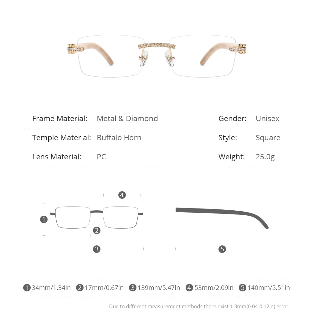 HEPIDEM 100% Really Buffalo Horn Handmade Glasses Rimless Diamonds Eyeglasses (0015 White )