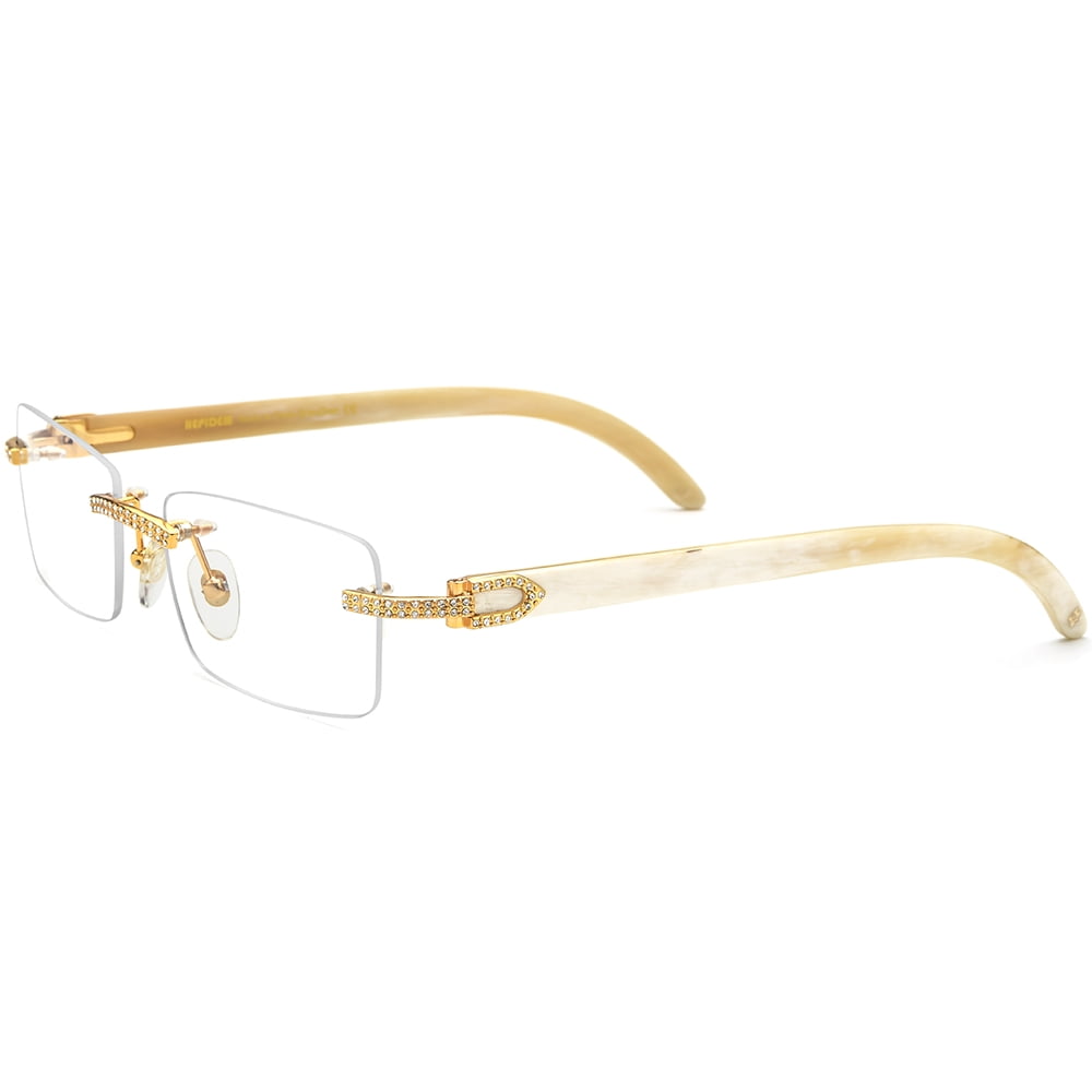 HEPIDEM 100% Really Buffalo Horn Handmade Glasses Rimless Diamonds Eyeglasses (0015 White )